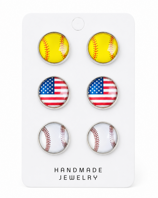 Set Of 3 Baseball & American Flag Stud Earrings