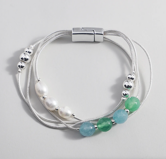 Silvertone Multi-strand Freshwater Pearl, Green & Blue Beaded Bracelet