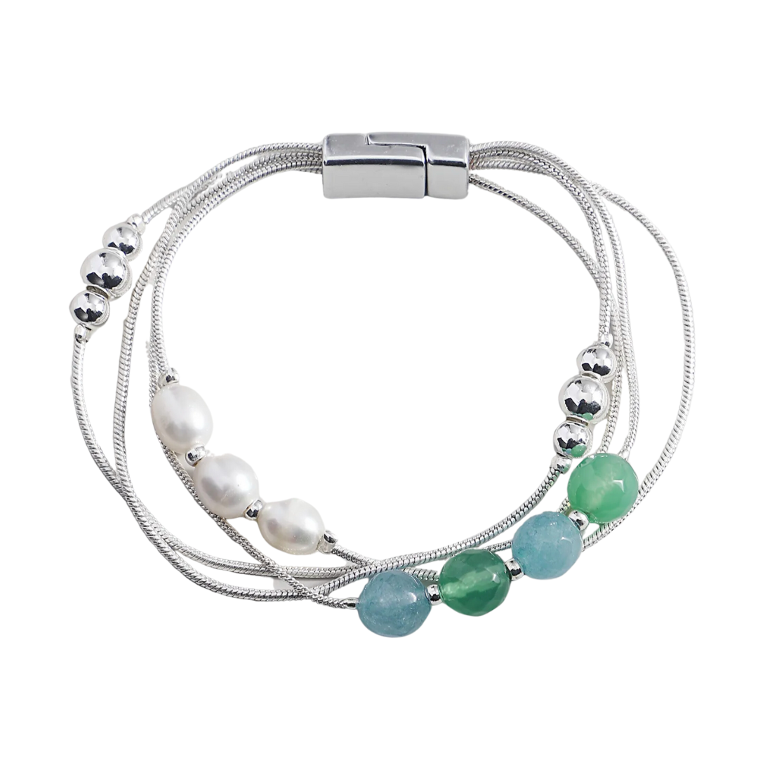 Silvertone Multi-strand Freshwater Pearl, Green & Blue Beaded Bracelet