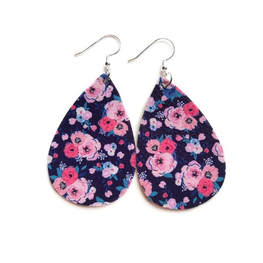 Patterned Floral Faux Leather Teardrop Earrings