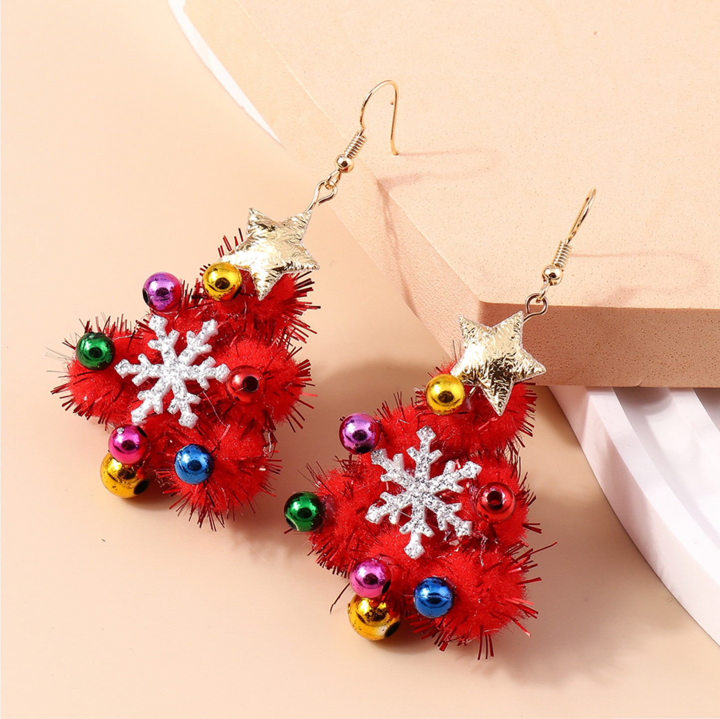 Red Pom Pom Decorated Christmas Tree Drop Earrings