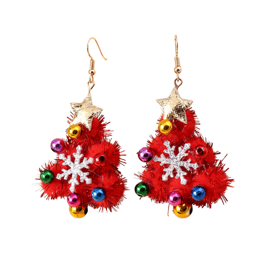 Red Pom Pom Decorated Christmas Tree Drop Earrings