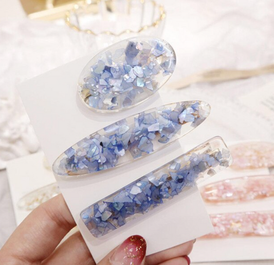 Set Of 3 Transparent & Blue Geometric Hair Clips