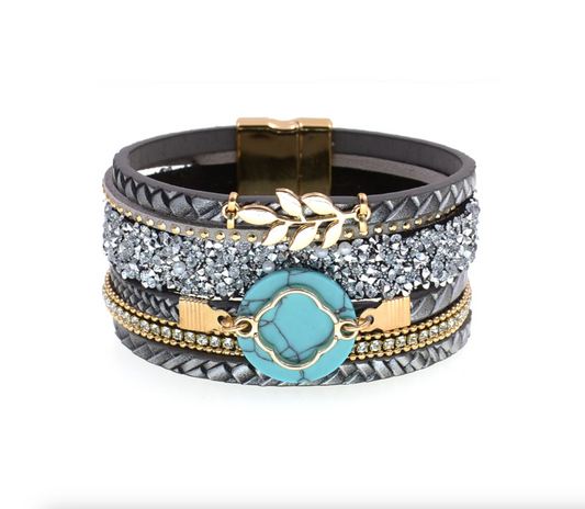 Crystal Encrusted Multi-strand Faux Leather And Turquoise Bracelet