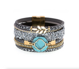 Grey Crystal Encrusted Multi-strand Faux Leather And Turquoise Bracelet