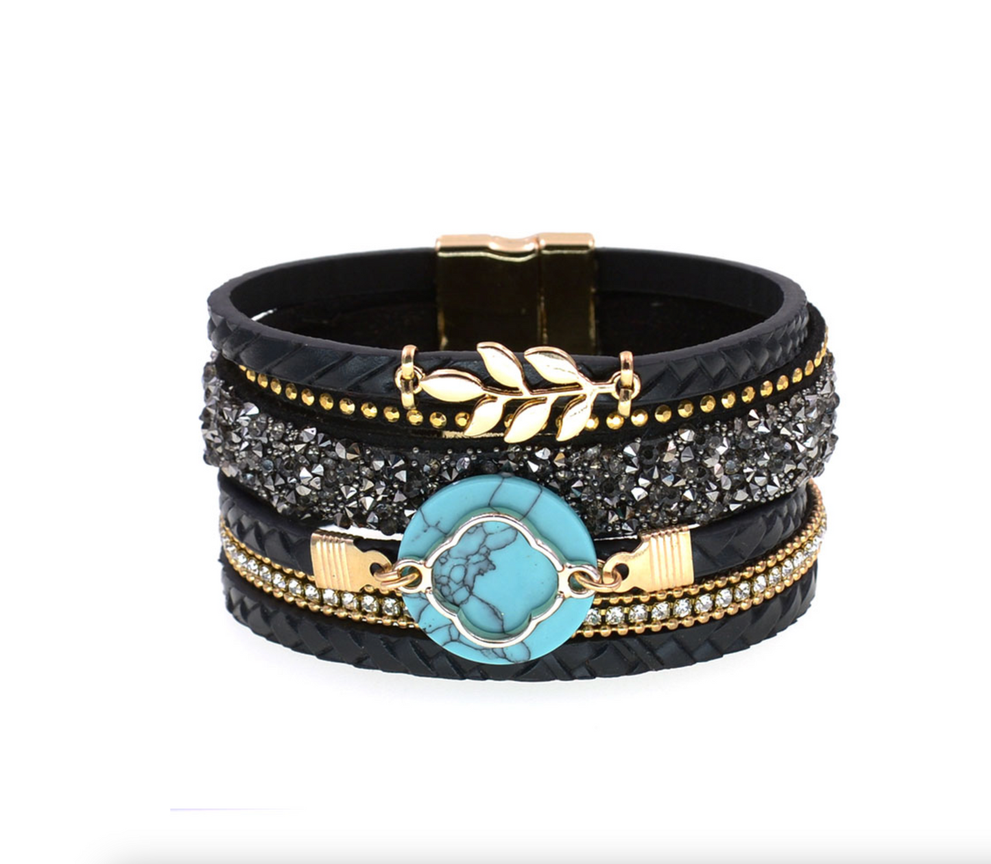 Crystal Encrusted Multi-strand Faux Leather And Turquoise Bracelet