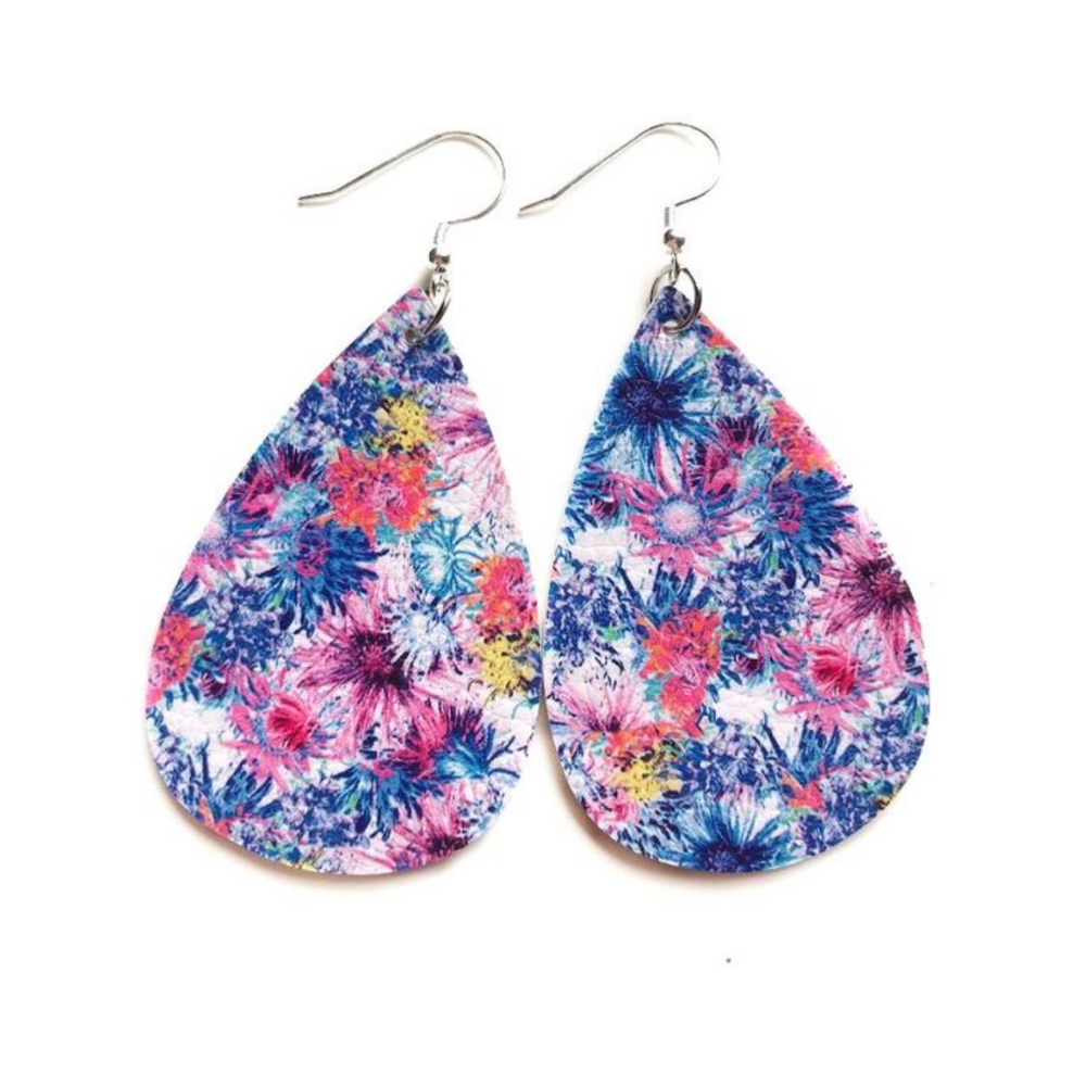 Patterned Floral Faux Leather Teardrop Earrings