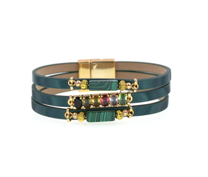 Dark Green Three-strand Bracelet With Crystal Charms
