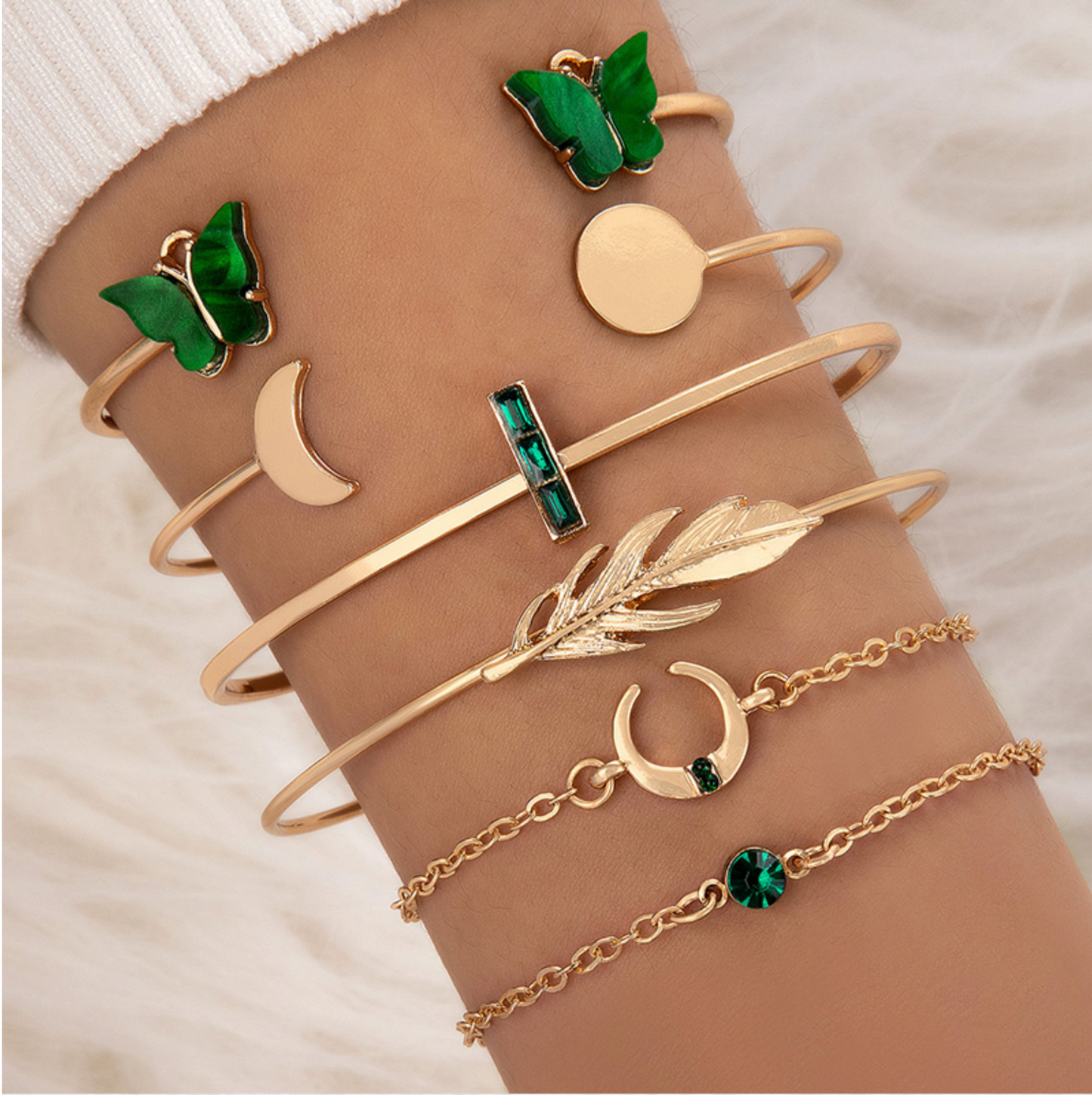 Goldtone & Green Bracelet Set With Butterfly And Crescent Moon