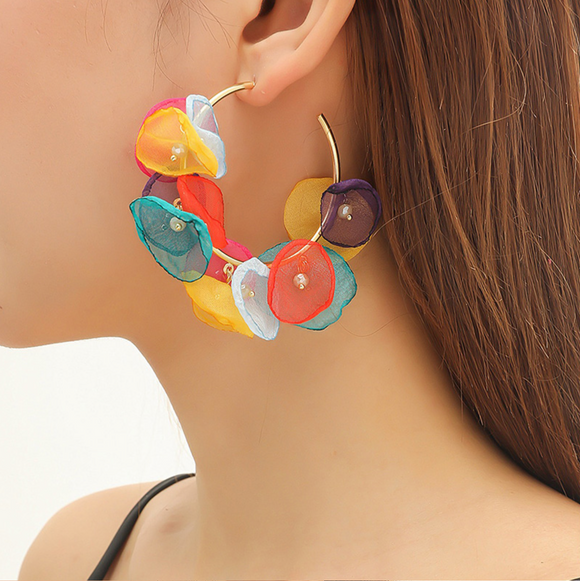 Goldtone & Multi-colored Abstract Floral Hoop Earrings