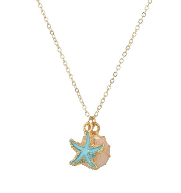 Beige Shell & Blue Starfish Nautical Pendant Necklace