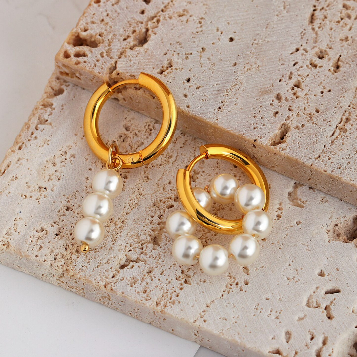 Asymmetrical Goldtone Huggie Hoop & Imitation Pearl Earrings