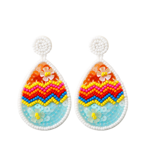 White & Multi Colored Flower Seed Bead Teardrop Earrings