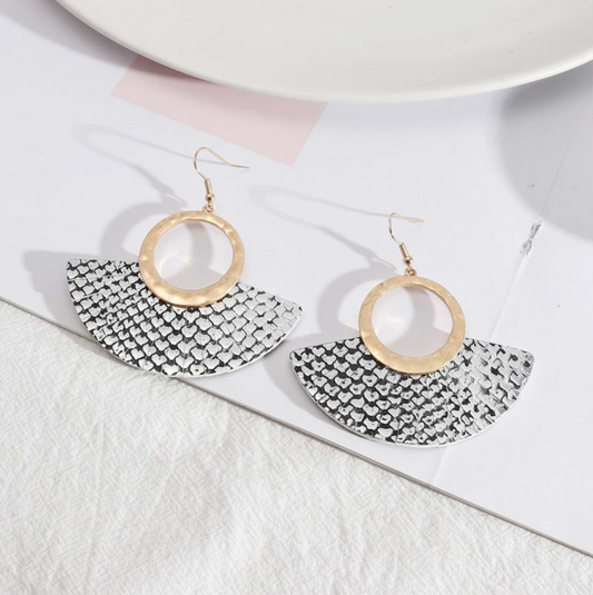 Hammered Goldtone Circular & Black And White Fanned Drop Earrings