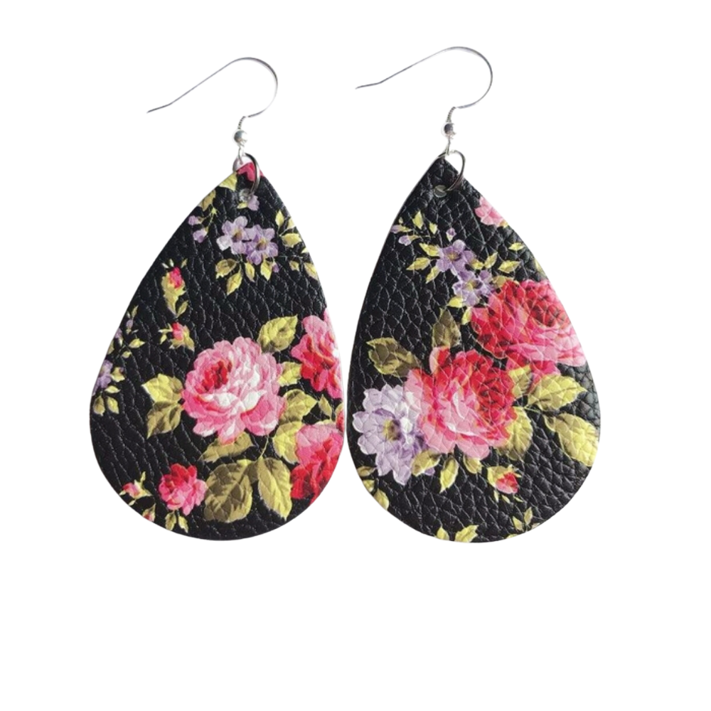 Patterned Floral Faux Leather Teardrop Earrings