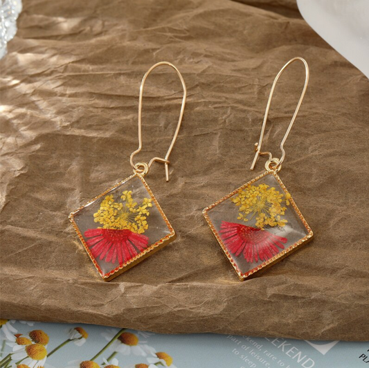 Goldtone & Transparent Pink And Yellow Dried Flower Drop Earrings