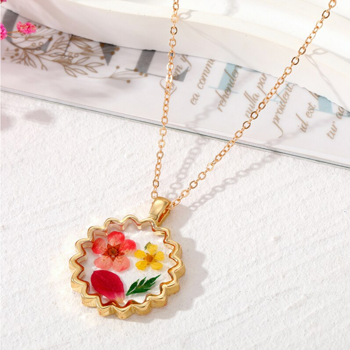 Goldtone Transparent Dried Flower Pendant Necklace