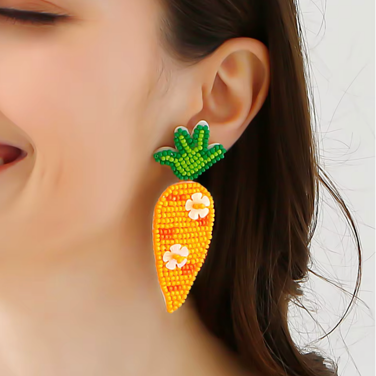 Orange Seed Bead Beaded Carrot Floral Drop Earrings