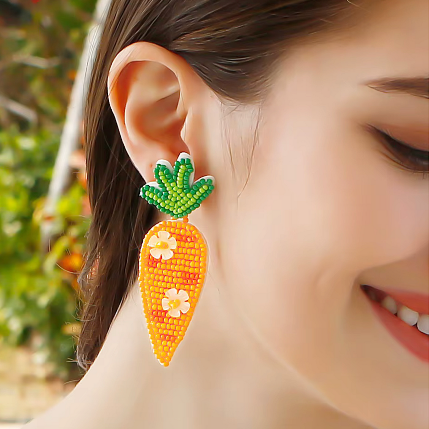 Orange Seed Bead Beaded Carrot Floral Drop Earrings