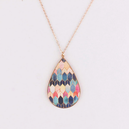 Goldtone Multi Colored Moroccan Patterned Teardrop Pendant Necklace