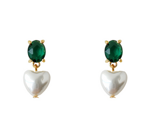 Goldtone Emerald Green Crystal & Pearl Heart Drop Earrings