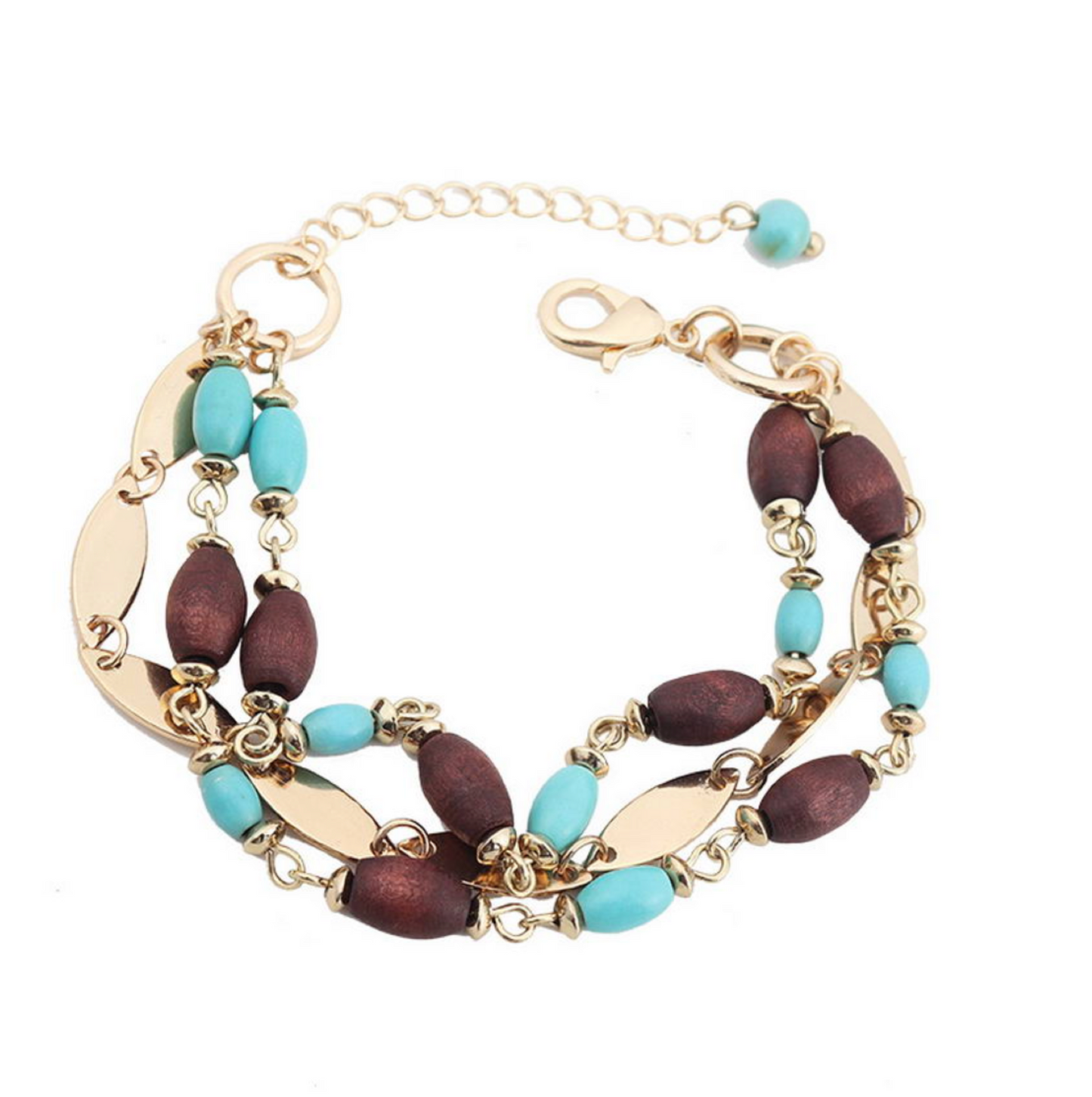 Goldtone Turquoise & Wooden Beaded Multi-strand Bracelet