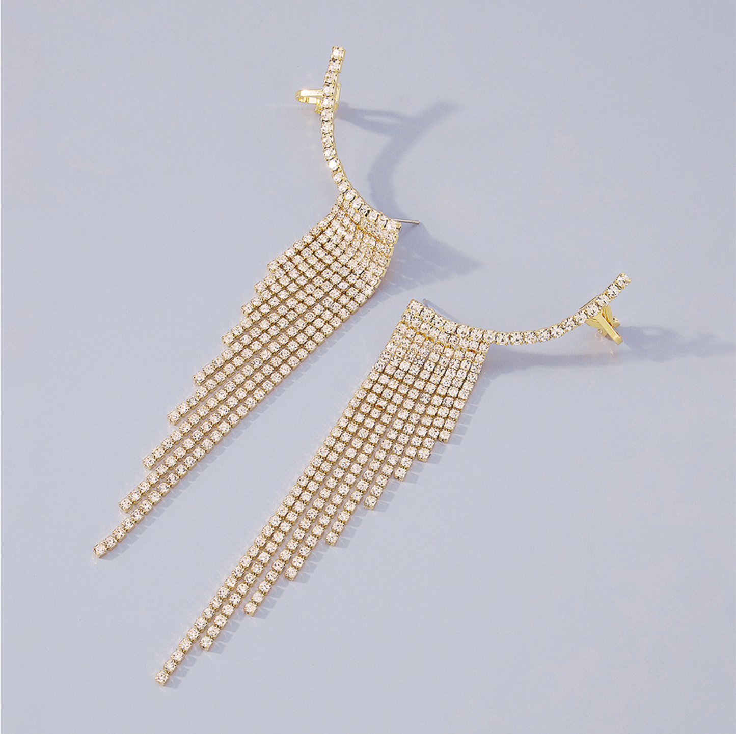 Goldtone & Clear Crystal Statement Ear Cuffs With Drop Chains