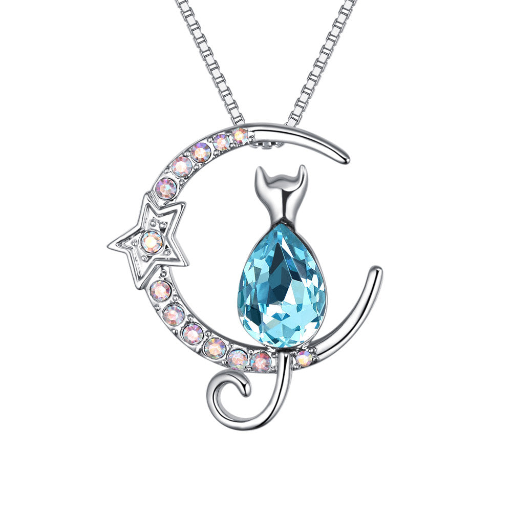 Elegant Cat and Crescent Moon Pendant Necklace featuring Swarovski Crystals