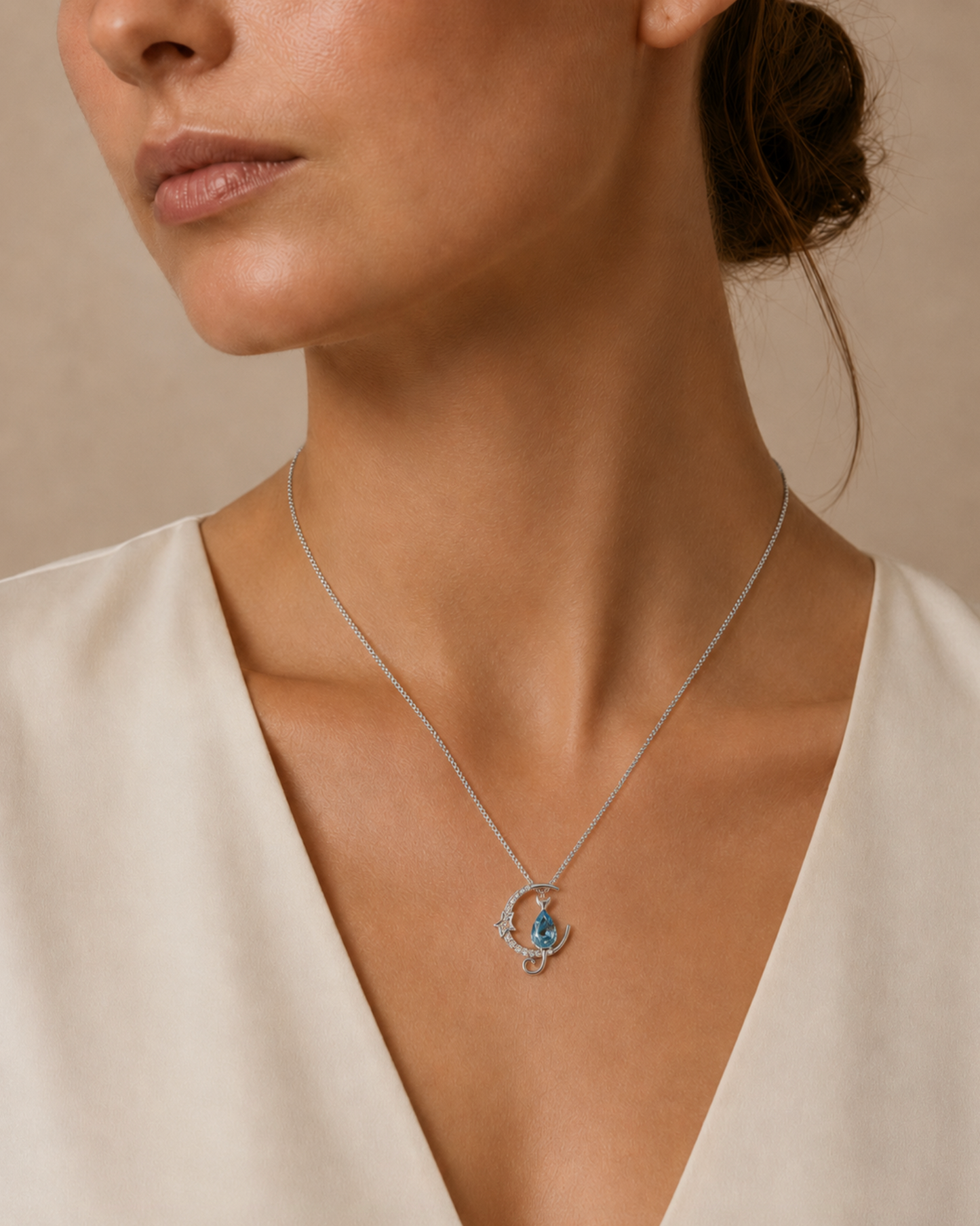 Elegant Cat and Crescent Moon Pendant Necklace featuring Swarovski Crystals