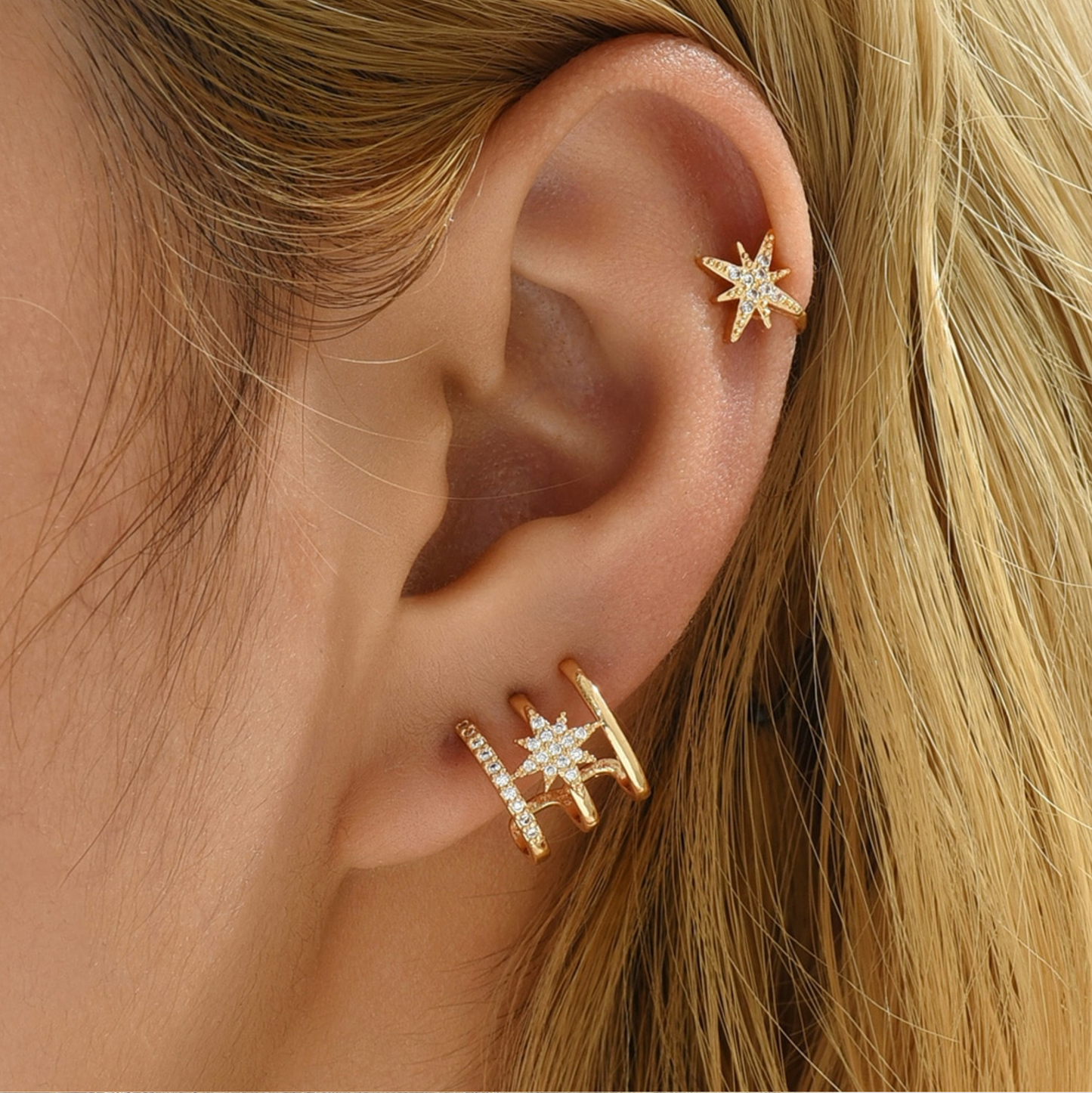 Goldtone & Crystal Triple Star Stud Earrings And Ear Cuff