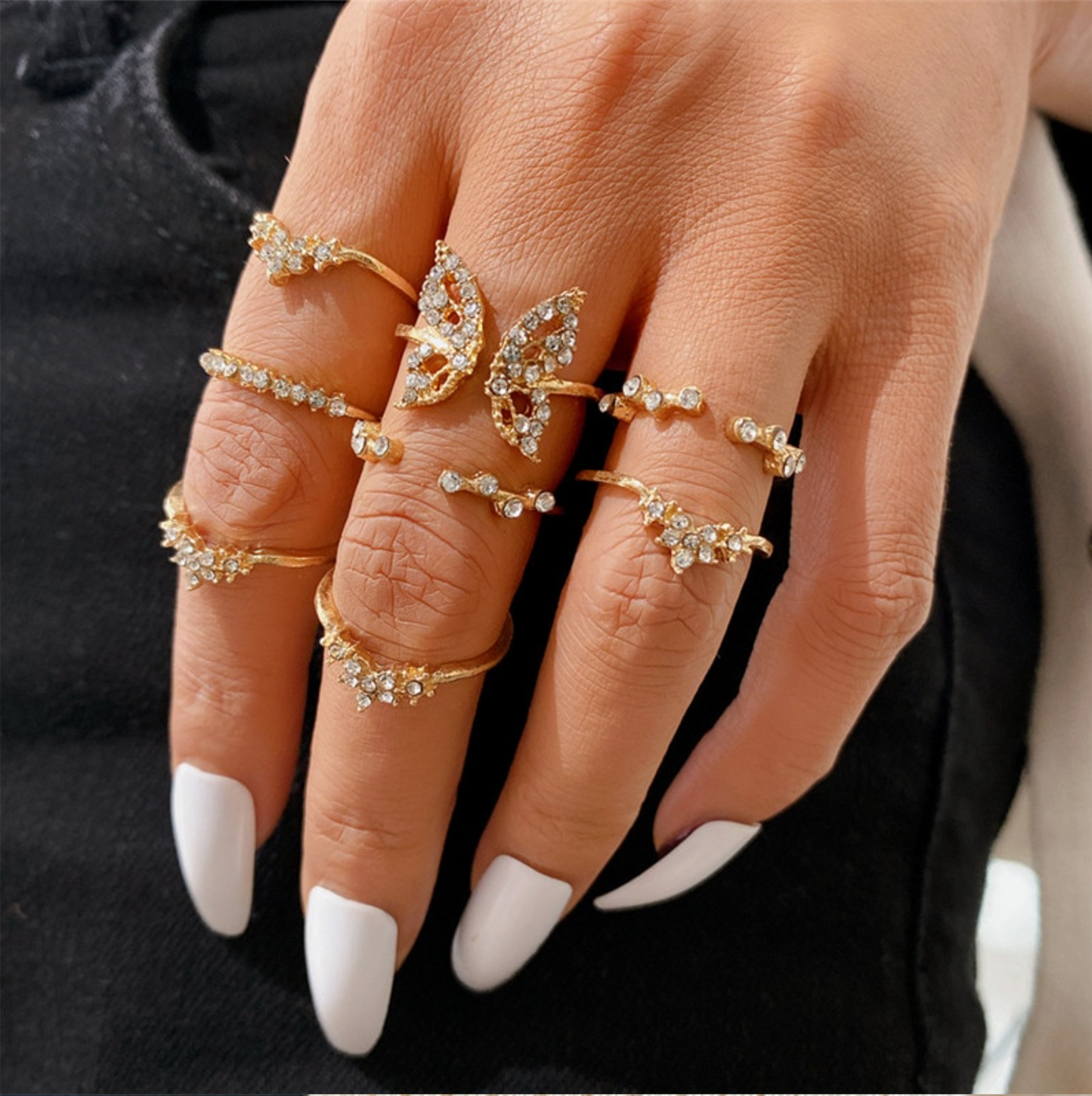 Goldtone & Crystal Butterfly Midi Ring Set