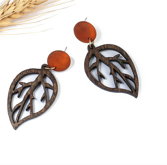 Brown Wooden Leaf Cutout Earrings