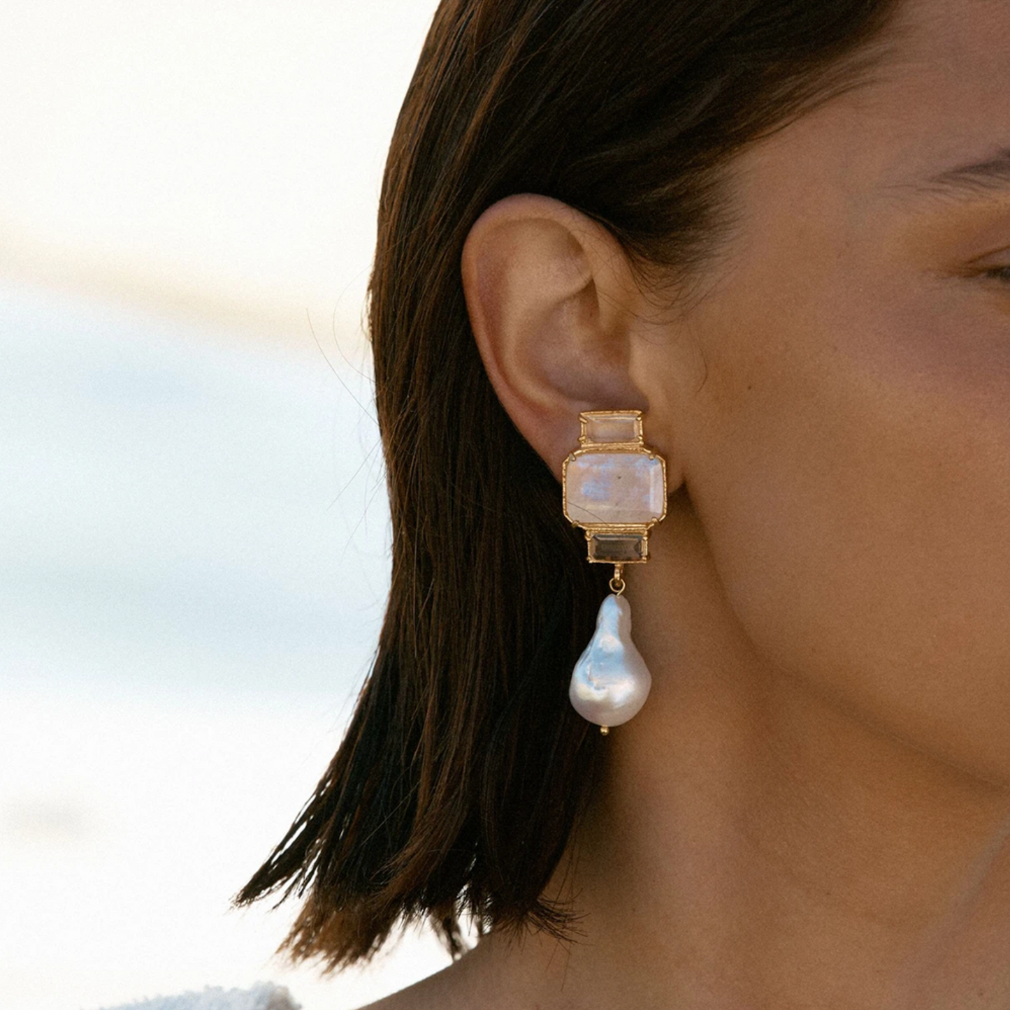 Goldtone Druzy Clear Crystal & Faux Pearl Drop Earrings