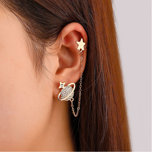 Goldtone Crystal Planet & Star Ear Stud And Cuff