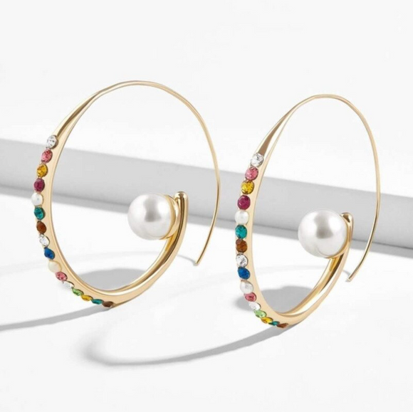 Goldtone & Multi Colored Crystal And Faux Pearl Threader Hoop Earrings