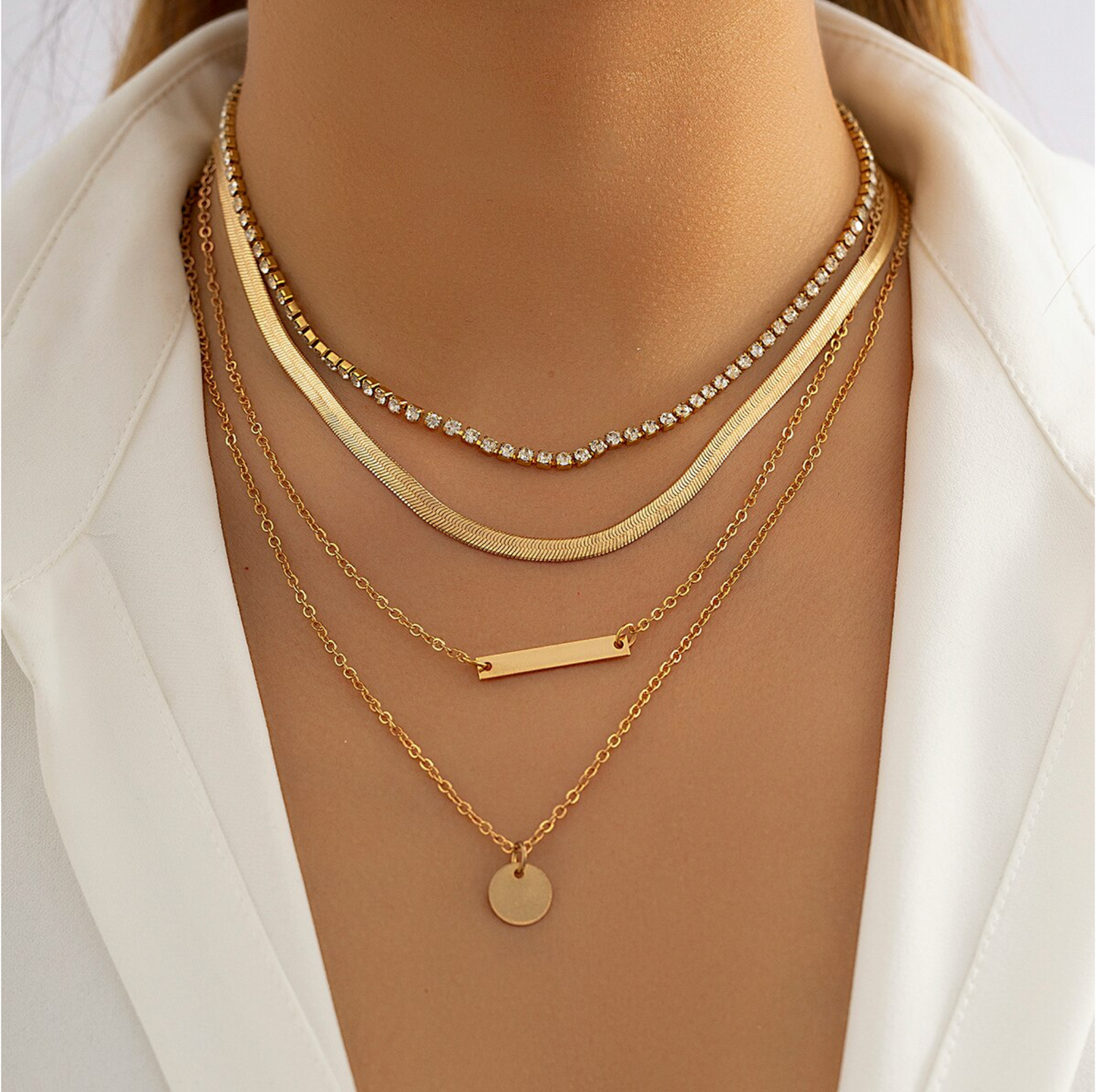 Goldtone & Crystal Layered Bar And Circular Necklace