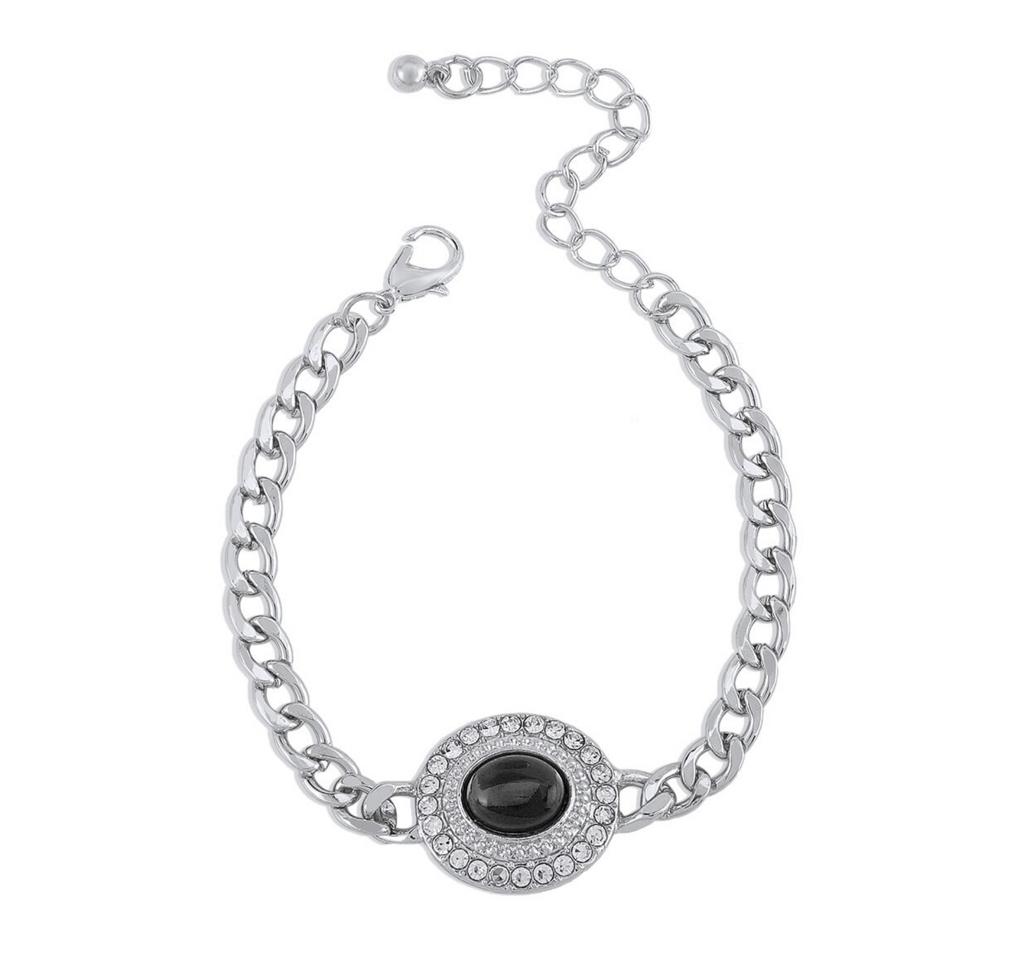 Silvertone Black & Clear Crystal Oval Bracelet