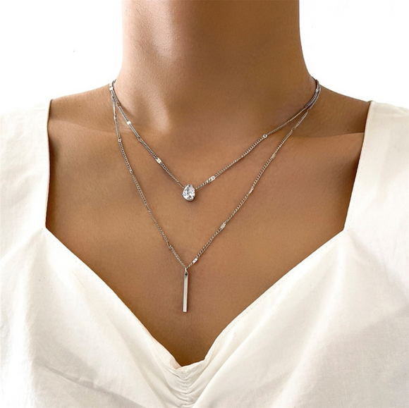 Silver Layered Bar And Teardrop Necklace With Cubic Zirconia