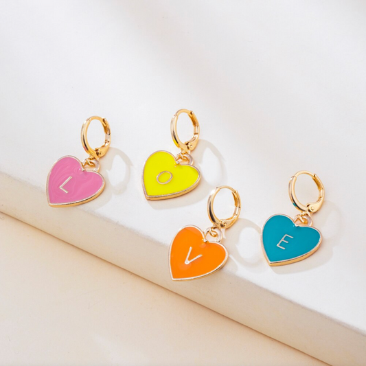 Goldtone & Neon Heart Huggie Hoop LOVE Earrings