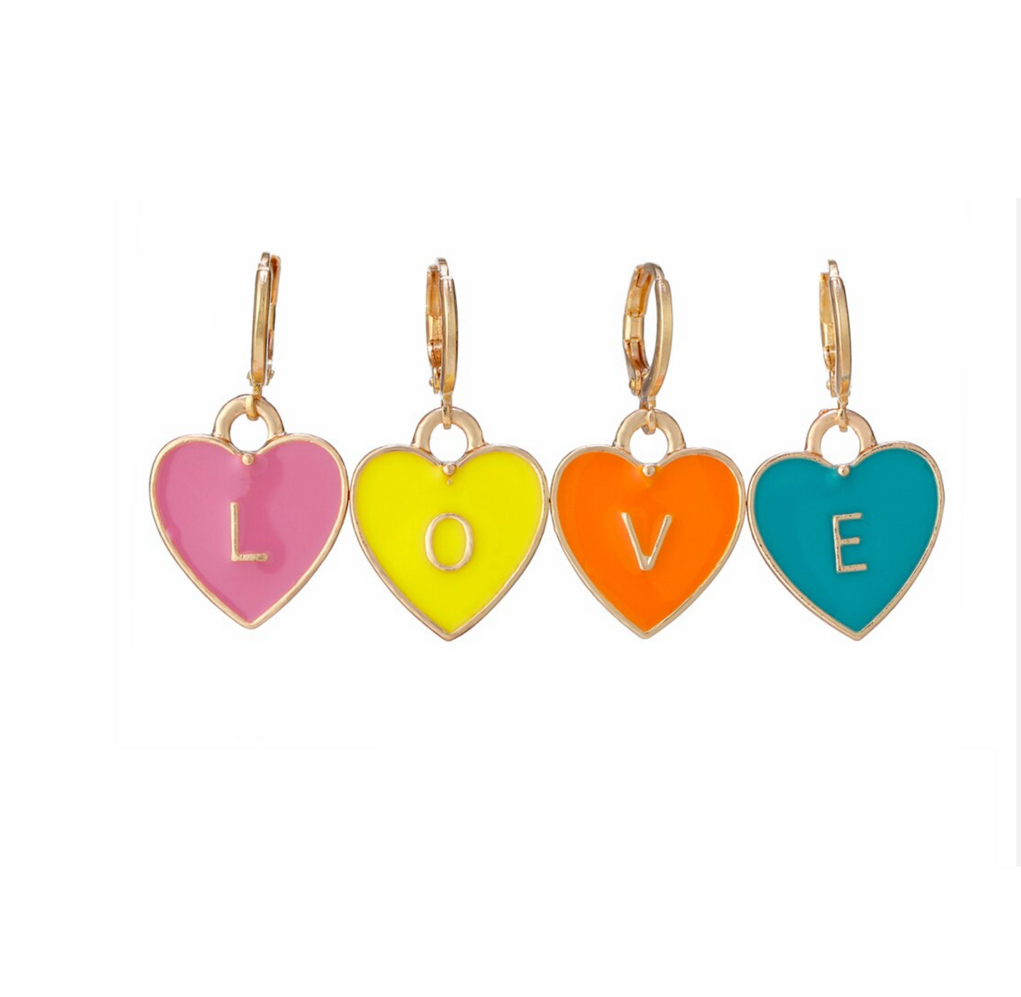 Goldtone & Neon Heart Huggie Hoop LOVE Earrings