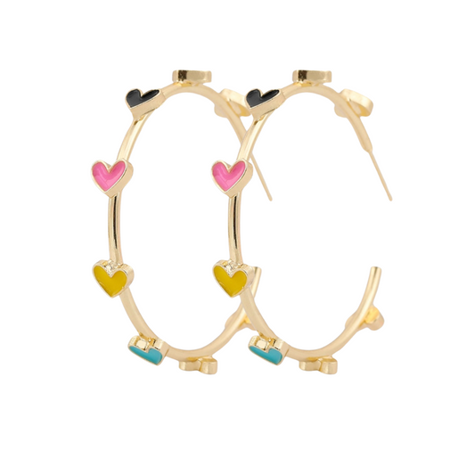 Goldtone & Multi Coloured Heart Hoop Earrings