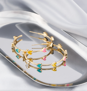 Goldtone & Multi Coloured Heart Hoop Earrings