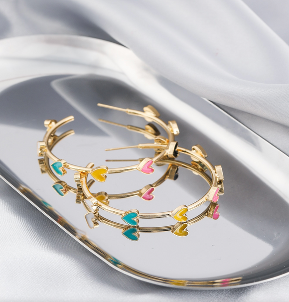 Goldtone & Multi Coloured Heart Hoop Earrings