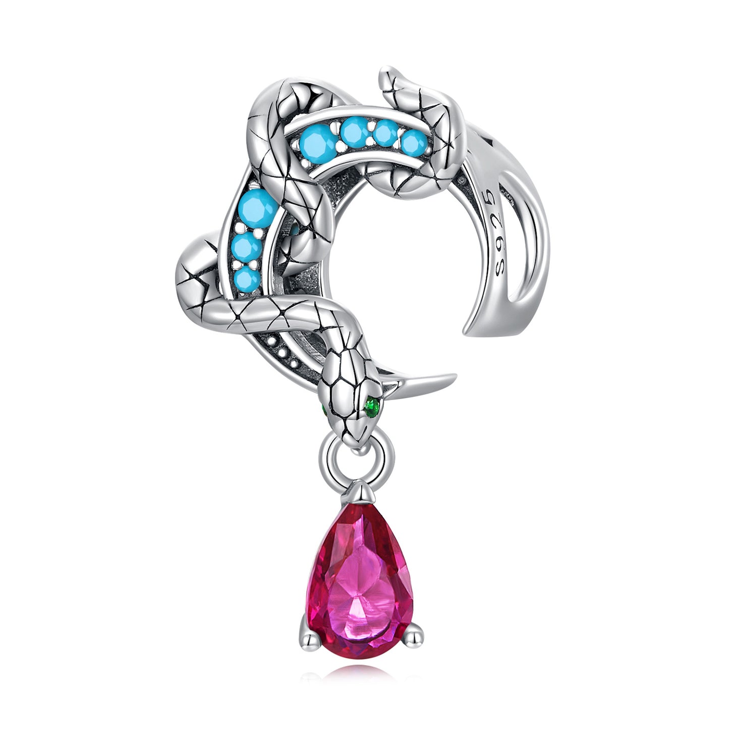 Sterling Silver Wrapped Snake on Moon with Pink Cz Teardrop Charm