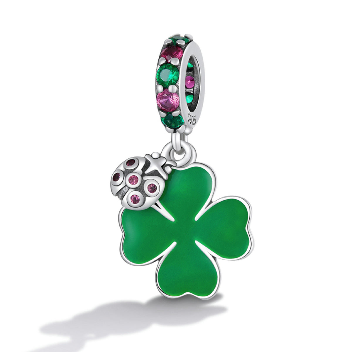 Sterling Silver & Green Multicolor Cubic Zirconia Clover Dangle Charm