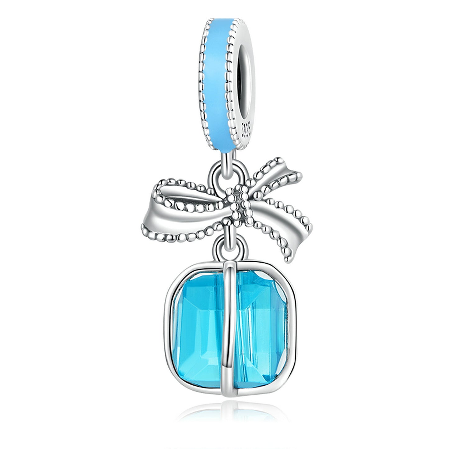 Aqua Blue Cubic Zirconia & Sterling Silver Square &  Bow Charm