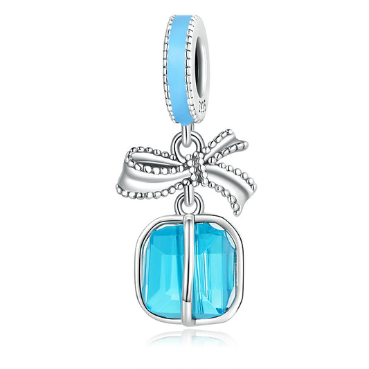 Aqua Blue Cubic Zirconia & Sterling Silver Square &  Bow Charm