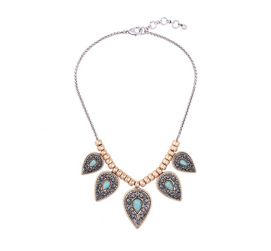 Goldtone Teal Ornate Leaves Statement Necklace