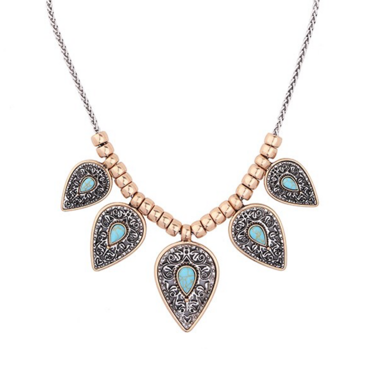 Gold-tone statement necklace with five ornate teal teardrop pendants
