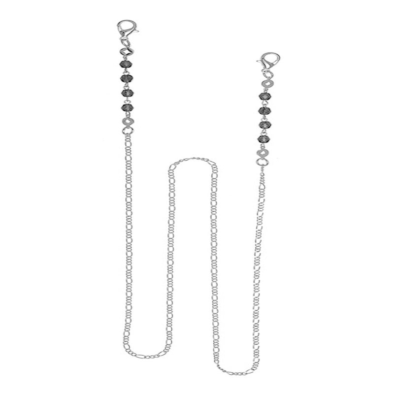 Gray crystal sunglasses chain with silver-tone links and attachment loops
